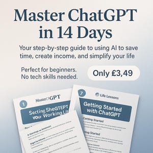 May include: A guide titled "Master ChatGPT in 14 Days" with the text "Your step-by-step guide to using AI to save time, create income, and simplify your life." The image includes two pages with the titles "Setting SheGTEPT your Working Lit" and "Getting Started with ChatGPT."