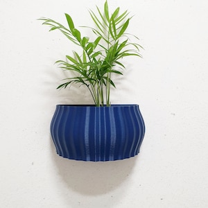 Może przedstawiać: Niebieska, 3D-drukowana doniczka ścienna z żebrowanym wzorem. Mała zielona roślina rośnie w doniczce.
