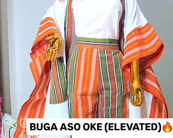 Pomarańczowozielony zestaw spodni Buga Aso Oke (zestaw 4-częściowy)