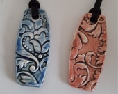 Handmade Ceramic Pendant Necklace with Damask Design on Satin Cord