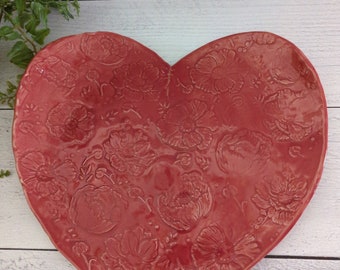 Romantic Red Ceramic Heart Shaped Platter - Floral Design for Valentines & Mothers Day