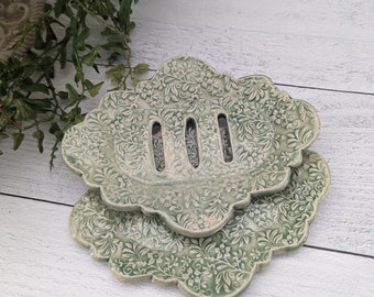 Pale Green Soap Dish Set with Floral Design