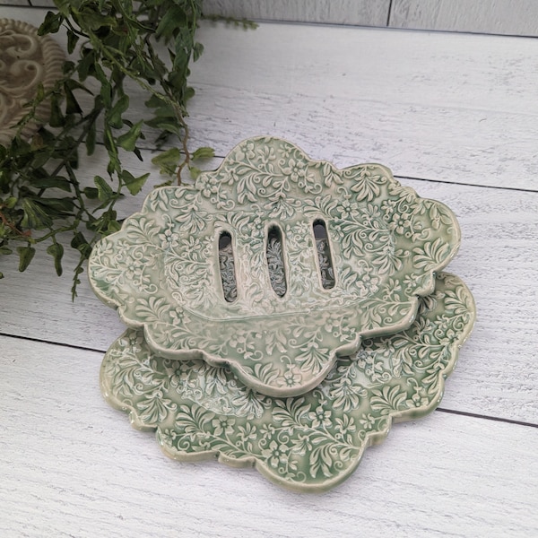 Pale Green Soap Dish Set with Floral Design