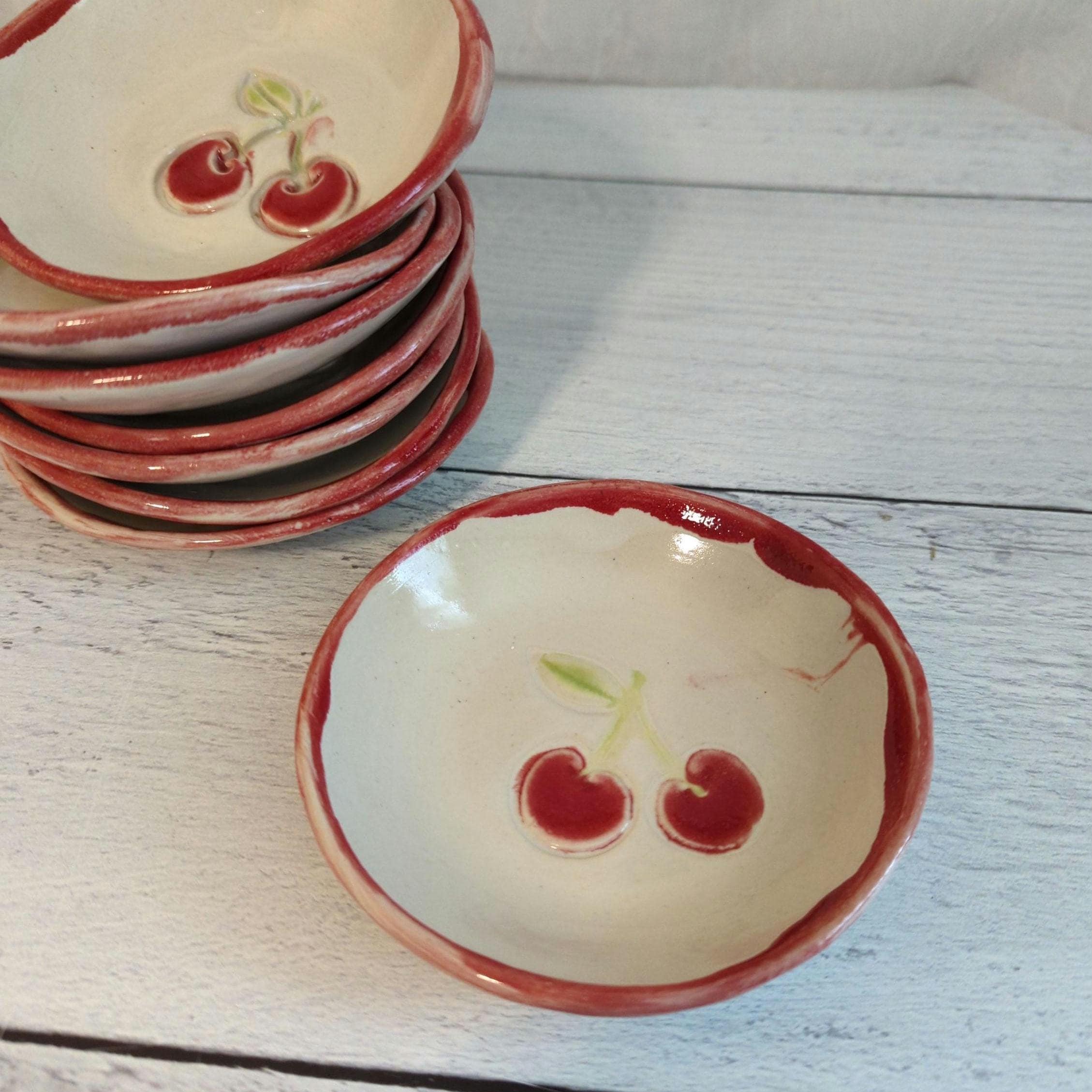 Handmade Ceramic Cherry Trinket Bowl – Small Red Rim Dish for Jewelry, Snacks, or Decor