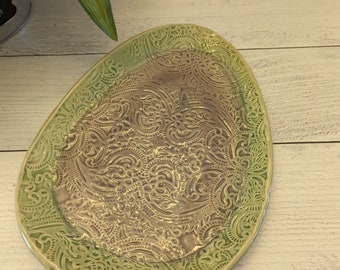 Large Easter egg shaped dish with floral design in lavender and pale green