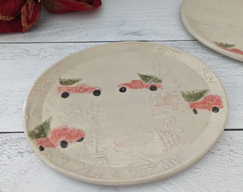 Ceramic Oval Plates with Vintage Christmas Designs, Vintage Truck with Christmas Tree
