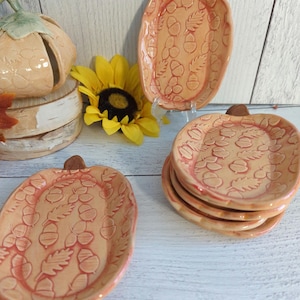 Pumpkin shaped snack dish, trinket dish spoon rest, soap dish with acorns and leaf texture glazed in rustic, orange and brown.