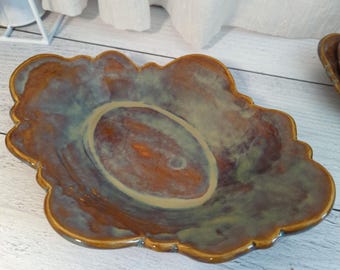 Ceramic Ovals/plate  Bowls with Scalloped Edges..  Rustic Brown, Green and Cream Glaze Unique Pottery Gift, Serving or Decorative Dish.