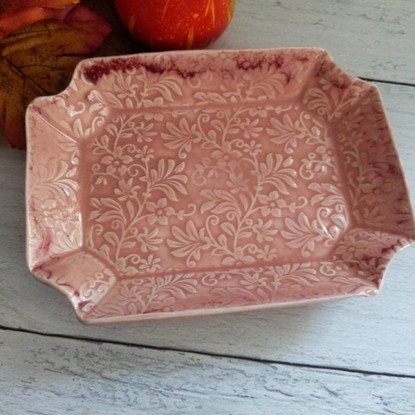 Handmade Pink Floral Ceramic Trinket Dish, Snack Plate, Small Vanity Tray