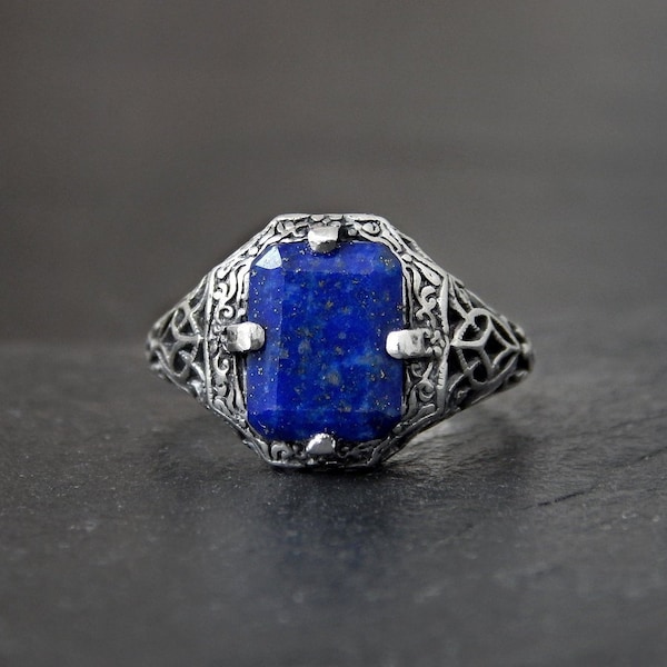 Lapis Lazuli Ring in Sterling Silver: antique style Victorian openwork filigree design, made to order Art Deco jewelry, blue gemstone ring