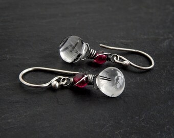 black tourmalinated quartz Silver Star Earrings with Dark Red Garnet and Rutilated Quartz Sterling silver hook ear wires faceted rondelle
