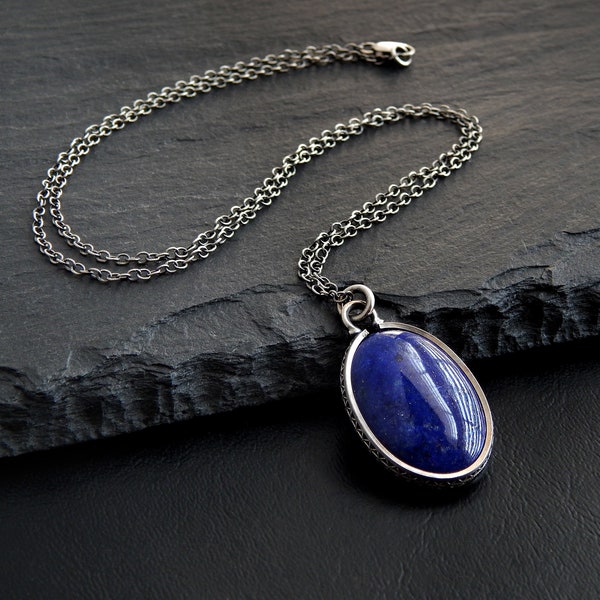 Lapis Lazuli Necklace: sterling filigree bezel and textured chain, dark blue 25x18mm oval gemstone cabochon pendant, 16 - 20 inch length