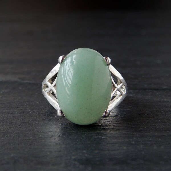 Art Deco Aventurine Ring: size 8 Sterling silver Celtic knot jewelry, 18x13mm natural gemstone oval cabochon, jade green color, LAST ONE