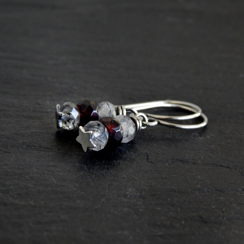 black tourmalinated quartz Silver Star Earrings with Dark Red Garnet and Rutilated Quartz Sterling silver hook ear wires faceted rondelle