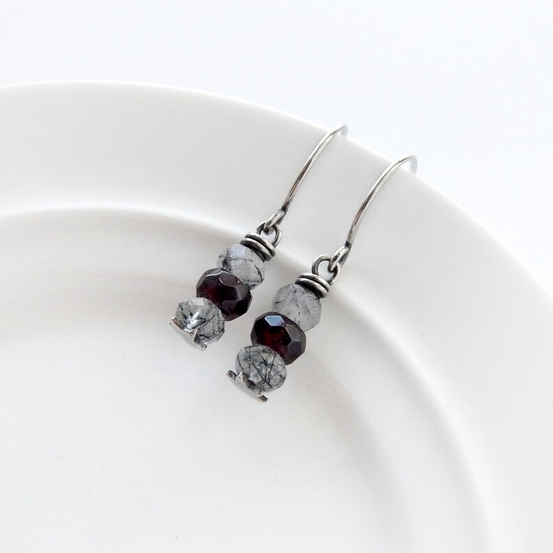 black tourmalinated quartz Silver Star Earrings with Dark Red Garnet and Rutilated Quartz Sterling silver hook ear wires faceted rondelle