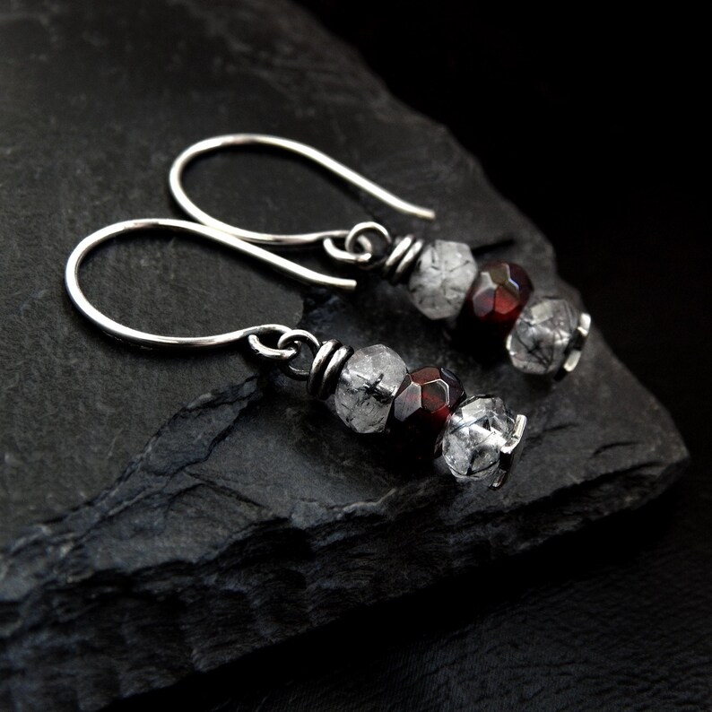black tourmalinated quartz Silver Star Earrings with Dark Red Garnet and Rutilated Quartz Sterling silver hook ear wires faceted rondelle