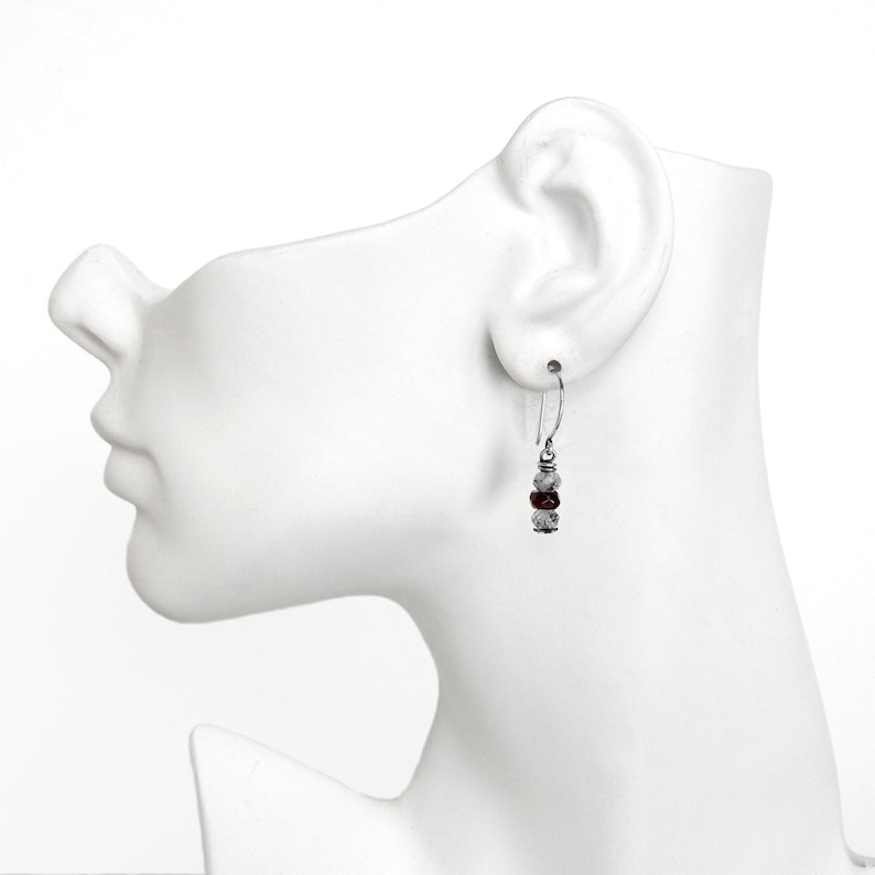 black tourmalinated quartz Silver Star Earrings with Dark Red Garnet and Rutilated Quartz Sterling silver hook ear wires faceted rondelle