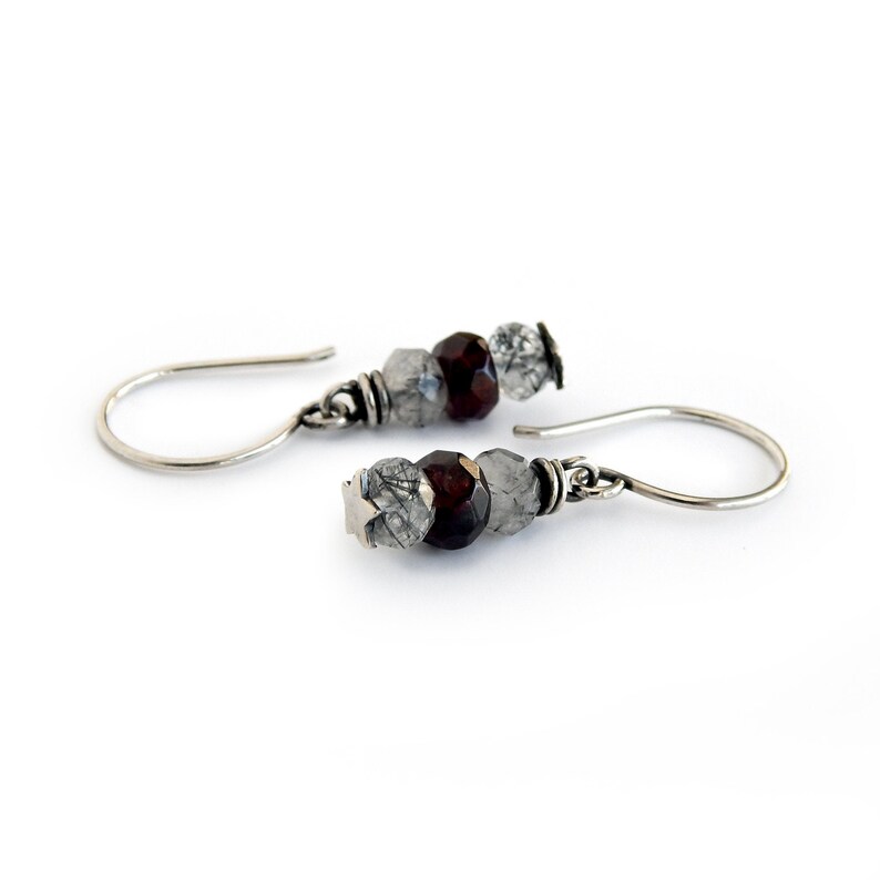 black tourmalinated quartz Silver Star Earrings with Dark Red Garnet and Rutilated Quartz Sterling silver hook ear wires faceted rondelle