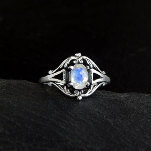 Rainbow Moonstone Ring in Sterling Silver: size 7, blue flash faceted oval, antique Victorian setting, renaissance gemstone ring