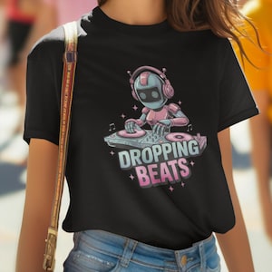 Imagen PNG de Dropping Beats / Diseño musical de robot DJ / Imagen PNG de linda camiseta de DJ techno / Imágenes prediseñadas de música electrónica / Descarga digital