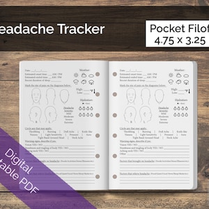 May include: A printable PDF headache tracker designed for a Pocket Filofax, measuring 4.75 x 3.25 inches. The pages include sections for tracking headache details, weather, and severity, with diagrams to mark pain locations.