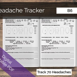 May include: A printable headache tracker log featuring a black and white zebra design. The log includes sections for tracking headache severity, symptoms, warning signs, and factors that may trigger or relieve headaches. The log is designed to track 70 headaches.