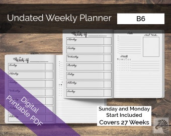 B6 DRUCKBARE Digitale PDF Perpetual Undatierter Wochenplaner TN Traveler's Notebook Insert