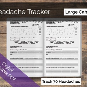 May include: A printable headache tracker journal with a black and white design. The journal has a section for tracking headache severity, location, and other symptoms. The journal is titled "Headache Tracker" and "Large Cahier". The journal is designed to track 70 headaches.