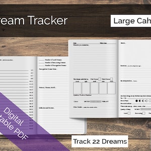 May include: A black and white printable dream tracker journal with the text "Dream Tracker" and "Large Cahier" at the top of the pages. The journal is designed to track 22 dreams and includes sections for recording dream details, themes, and reflections.