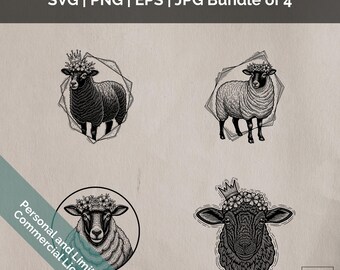 Schaf Blumenkrone Kunst Vektor-Kunst-Bundle, SVG, PNG, digitaler Download, kommerzielle Nutzung, für Lasergravur und -drucke