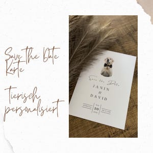 Carte « Save the Date » personnalisée avec un animal de compagnie, style bande dessinée | Faire-part de mariage personnalisé