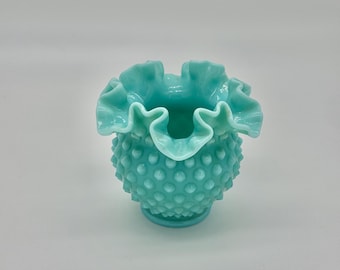 Vintage Fenton Turquoise Blue Milk Glass Hobnail Double Ruffle Vase