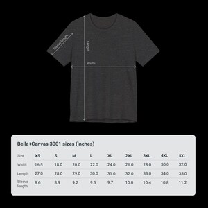 May include: A size chart for Bella+Canvas 3001 t-shirts, showing measurements in inches for sizes XS to 5XL. The chart includes width, length, and sleeve length.