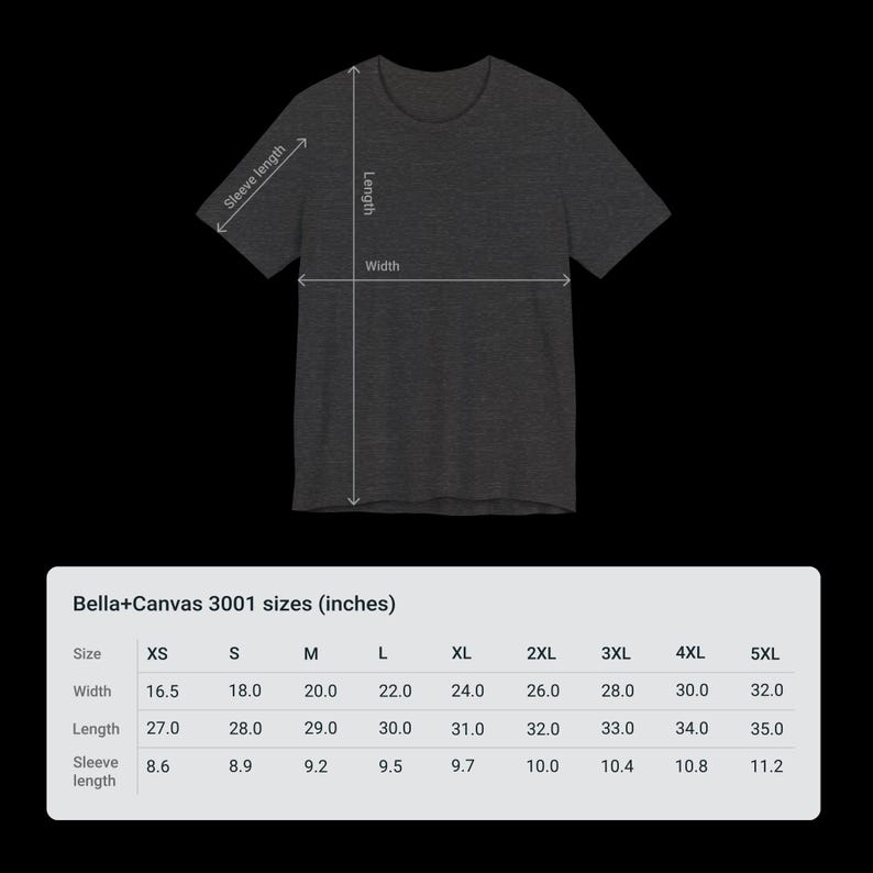 May include: A size chart for Bella+Canvas 3001 t-shirts, showing measurements in inches for sizes XS to 5XL. The chart includes width, length, and sleeve length.