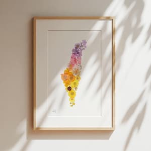 Carte florale d'Israël, impression d'art, art juif, art mural, fleurs séchées, art numérique, fait main, cadeau de vacances, art israélien, judaïque