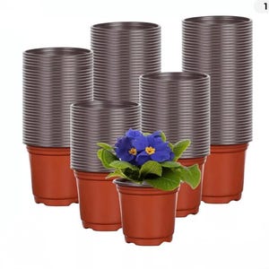 May include: A collection of brown plastic plant pots, stacked and ready for use. One pot holds a vibrant blue and yellow flower with green leaves. The pots are a standard size, suitable for various plants and gardening projects.
