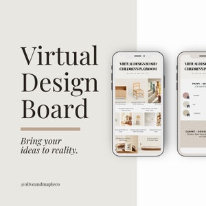 Könnte beinhalten: Ein virtuelles Designboard für ein Kinderzimmer. Das Board enthält eine Vielzahl von Möbeln, Dekorationen und Farben. Der Text auf dem Board lautet "Virtual Design Board Children's Playroom Olive & Maple Co."