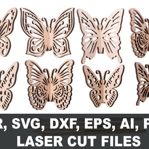Borboleta em madeira ou acrílico, 6 opções. Arquivos cortados a laser. 3mm, 3,5mm, 4mm. SVG, EPS, DXF, cdr, pdf, ai. Produto digital. 10*9*6cm