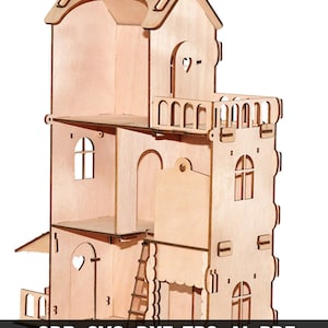 Puede incluir: Un modelo de casa de muñecas de madera cortado con láser con balcón, ventanas y una escalera. La casa de muñecas está hecha de madera marrón claro y tiene un fondo blanco. CDR, SVG, DXF, EPS, AI, PDF ARCHIVOS DE CORTE LÁSER.