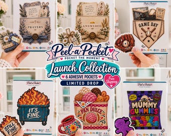 May include: A collection of six Peel-a-Pocket adhesive pockets featuring various designs including Prayers, Answered, Game Day, It's Fine with a dumpster fire, Pan Dulce with a mug, and Mummy Gummies, each with a matching smaller sticker.