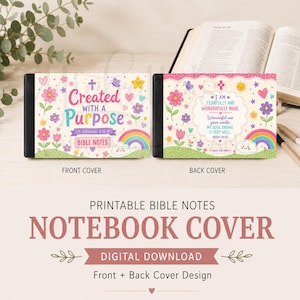 Puede incluir: Un diseño de portada de cuaderno con vista frontal y trasera, con ilustraciones coloridas de flores, corazones, estrellas, un arcoíris y una nube. El frente dice Created with a Purpose, y el reverso presenta texto del Salmo 139:14 en un marco decorativo.