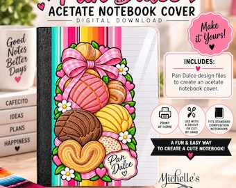 May include: A digital download for a Pan Dulce acetate notebook cover featuring a vertical striped background with illustrations of conchas and orejas pastries, a pink gingham bow, and white flowers. The text reads Pan Dulce and Make it Yours.