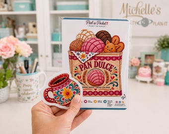 May include: A sticker sheet featuring a brown paper bag filled with various pan dulce, including conchas and a pig-shaped cookie, with the text Pan Dulce. A separate sticker of a red mug with colorful floral patterns is held in the foreground.