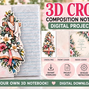 Peut inclure: Un kit de projet numérique pour un carnet de composition 3D avec une croix fleurie et un livre ouvert. Comprend des fichiers pour la couverture avant, la couverture intérieure et la couverture arrière avec le texte I can do all things through Christ.