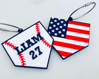 Personalized Home Plate Baseball Bag Tag US Flag - 2 sided Dugout Tag