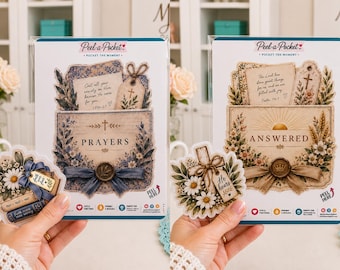 May include: Two Peel-a-Pocket sticker sets featuring religious themes. One displays the word PRAYERS with a blue bow and floral accents, the other displays ANSWERED with a tan bow and wheat. Both include smaller individual stickers of crosses and flowers.