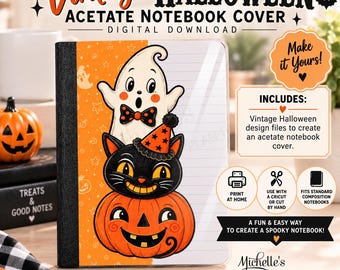 May include: A digital download for a vintage Halloween acetate notebook cover featuring a stacked illustration of a white ghost, a black cat wearing a party hat, and an orange jack-o'-lantern. The design includes text such as Vintage Halloween Acetate Notebook Cover, Make it Yours, and includes instructions for printing at home or cutting by hand.