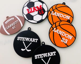 Personalized Sports Bag Tag - Soccer, Basketball, Hockey, Football - Custom Name & Jersey Number