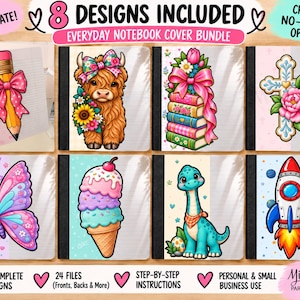 Puede incluir: Un paquete digital de 8 diseños de portadas para cuadernos con ilustraciones de un lápiz con lazo rosa, una vaca highland, una pila de libros, una cruz con flores, una mariposa, un helado, un dinosaurio y un cohete espacial con texto.
