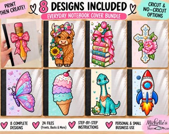 May include: A digital bundle of 8 notebook cover designs featuring illustrations of a pencil with a pink bow, a highland cow, a stack of books, a cross with flowers, a butterfly, an ice cream cone, a dinosaur, and a rocket ship with text.